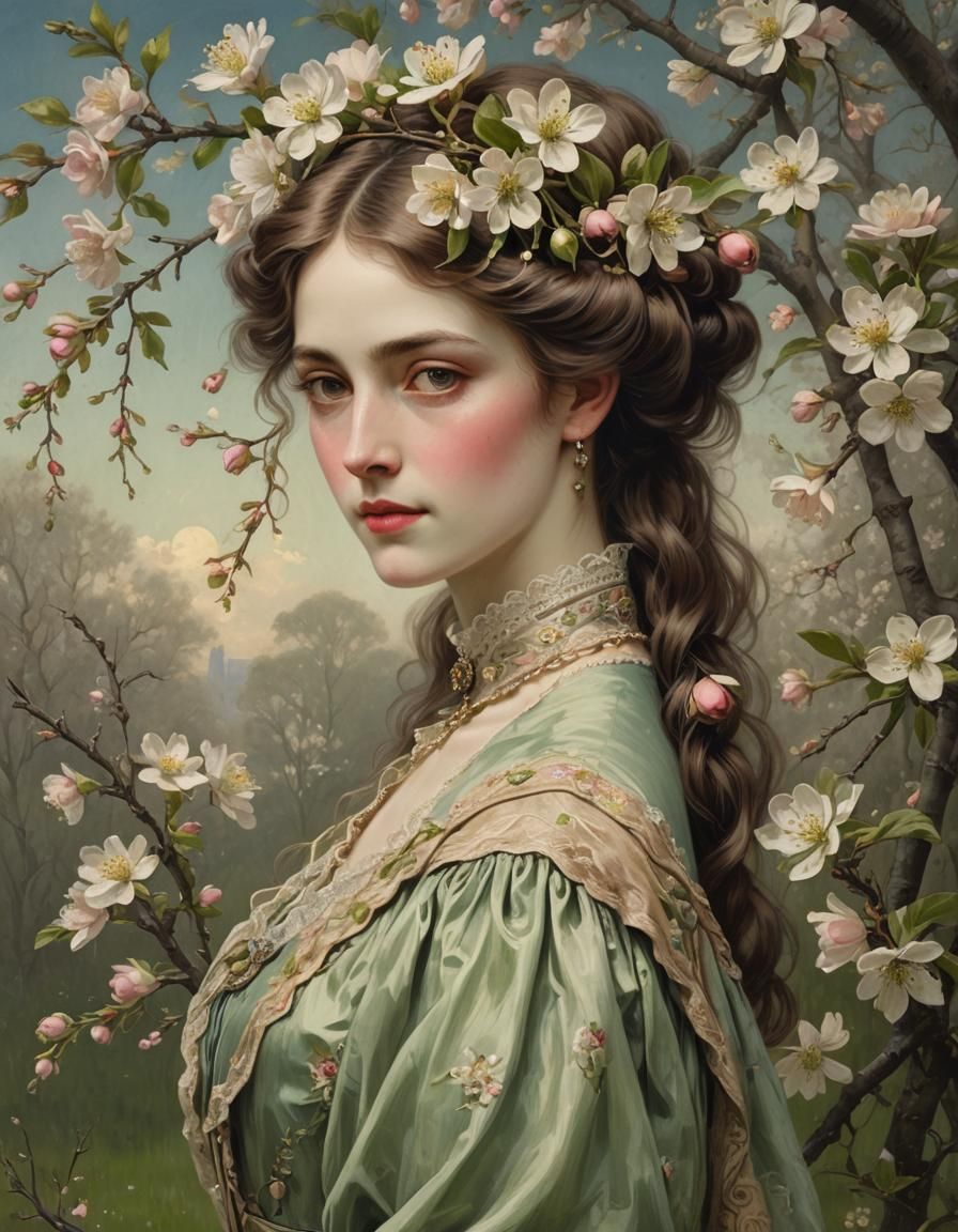 Glimmering Victorian Woman with Apple Blossoms Portrait