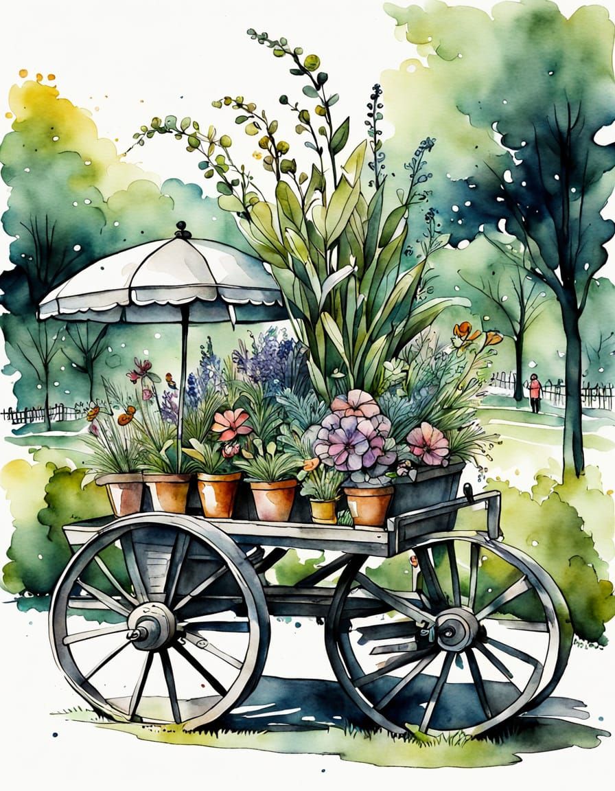 Whimsical Garden Cart Scene in Watercolor Ink Style
