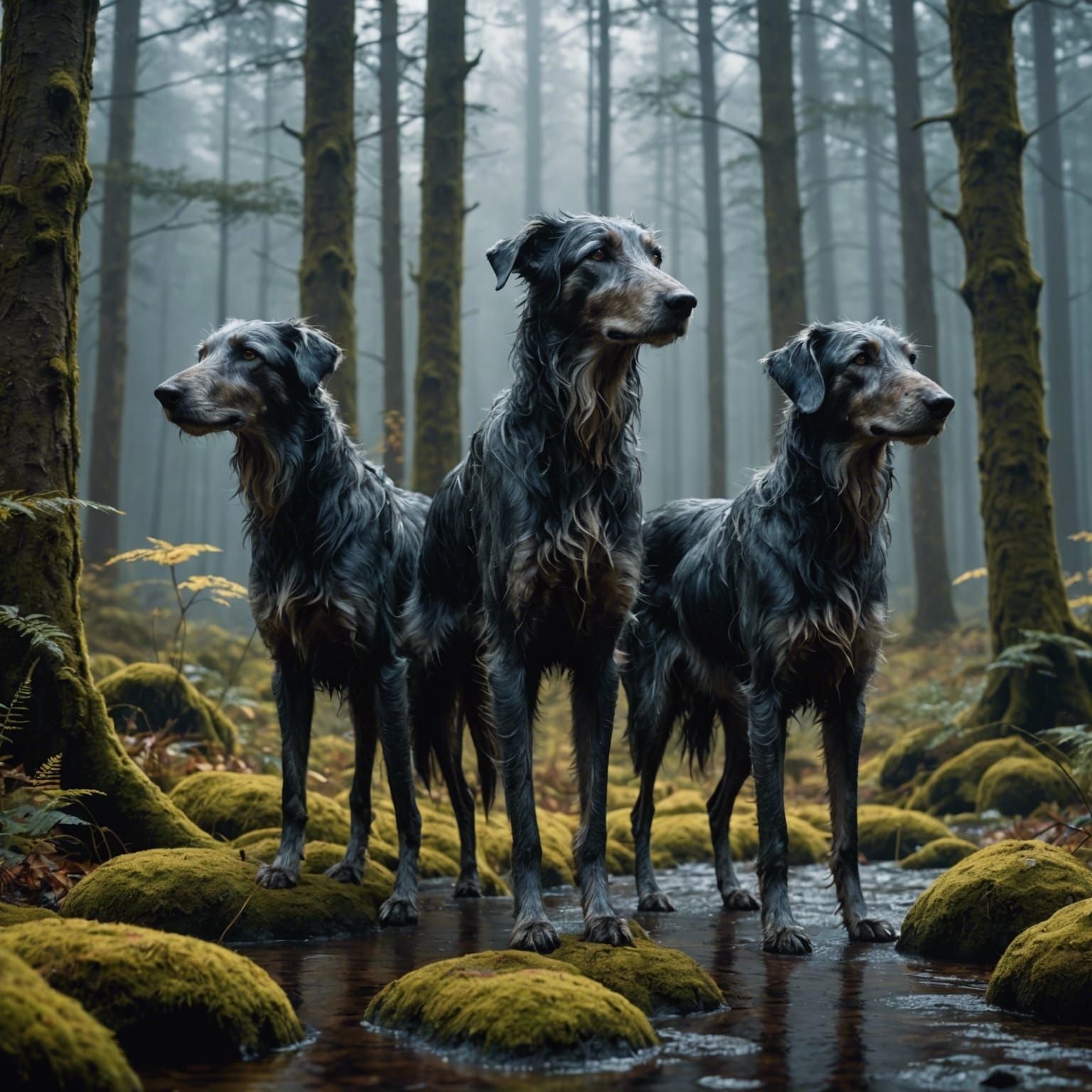 Scottish Deerhounds in Rainy Forest, Dark Fantasy Art