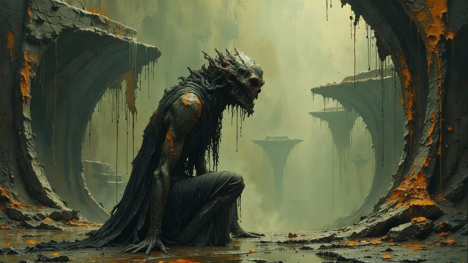 Eerie Creature Emerging in Dark Oil Paint Style