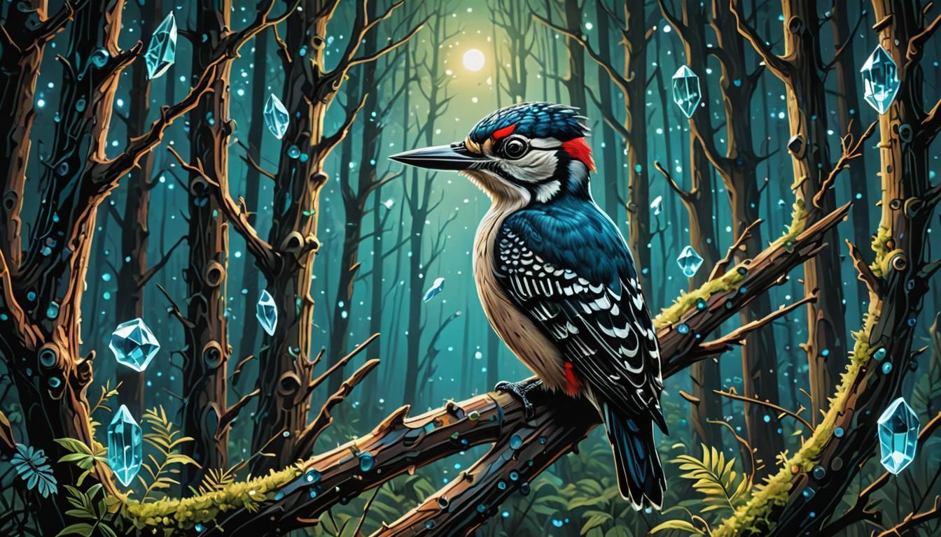 Bioluminescent Woodpecker Spirit Animal in Crystal Forest
