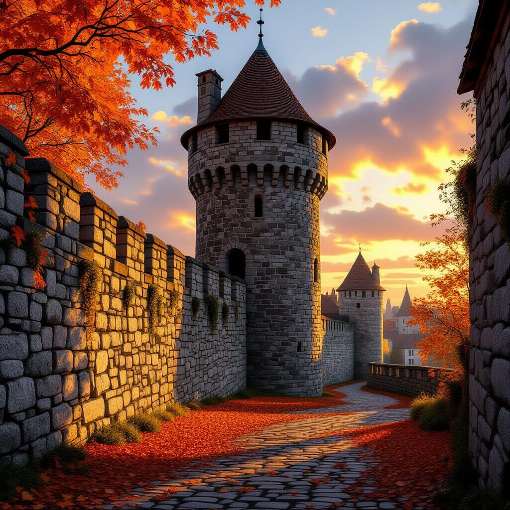 Hyperrealistic Medieval Tower at Autumn City Wall in Golden ...
