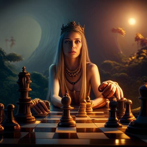 Woman Playing Chess: Detailed Fantasy Art