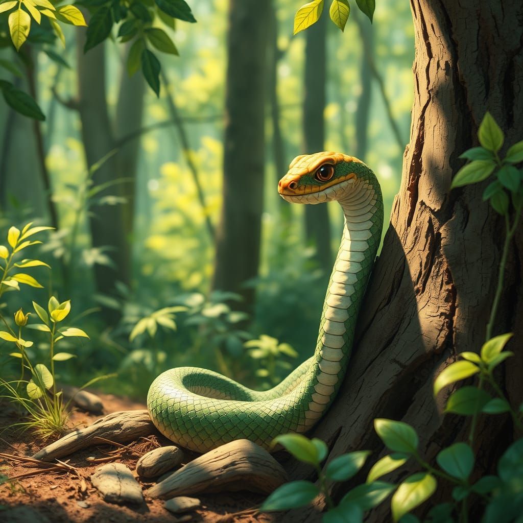 Whimsical Serpent in Miyazaki-Inspired Forest Scene