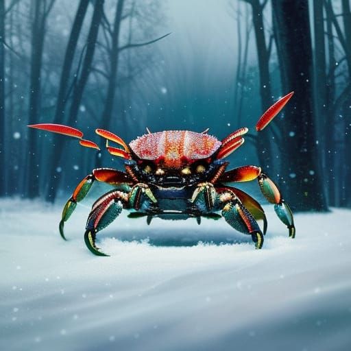 Cute Crab Plays in Snow: Detailed Matte Photo