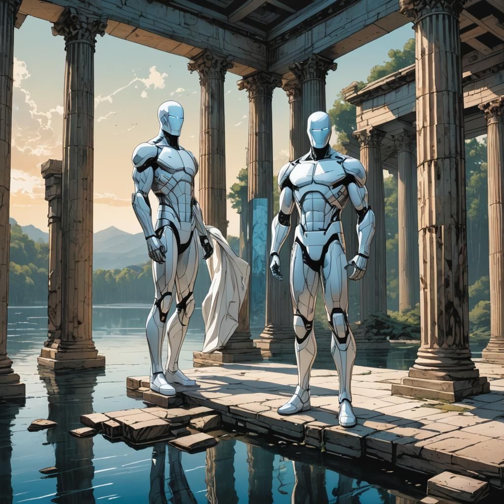 Faceless Mannequins Reflecting in Lakeside Columns