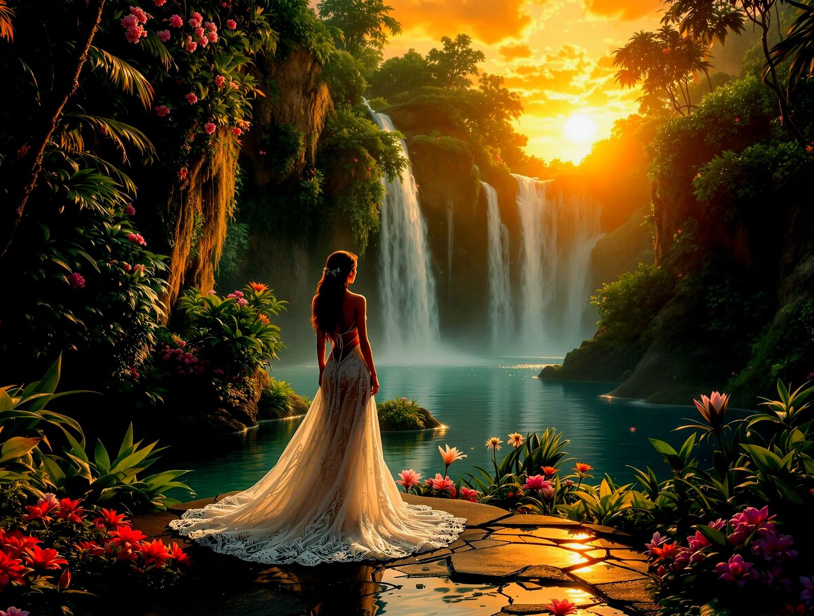 Vibrant Tropical Oasis at Sunset