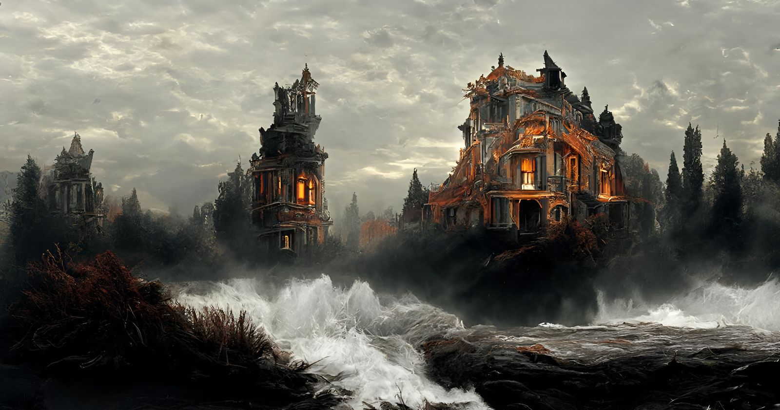 Ominous Haunted Houses by River as Detailed Painting
