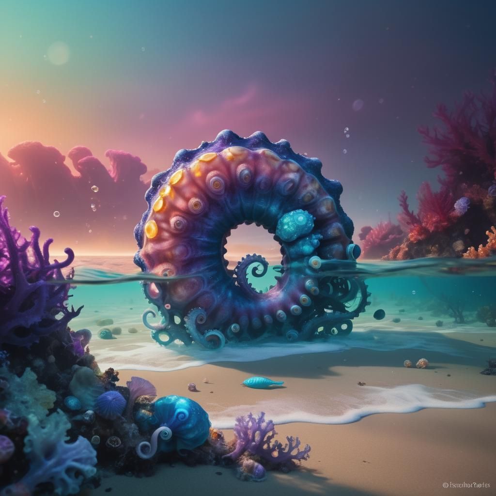 Octopus and Seahorse in Deep Sea Reef: Concept Art