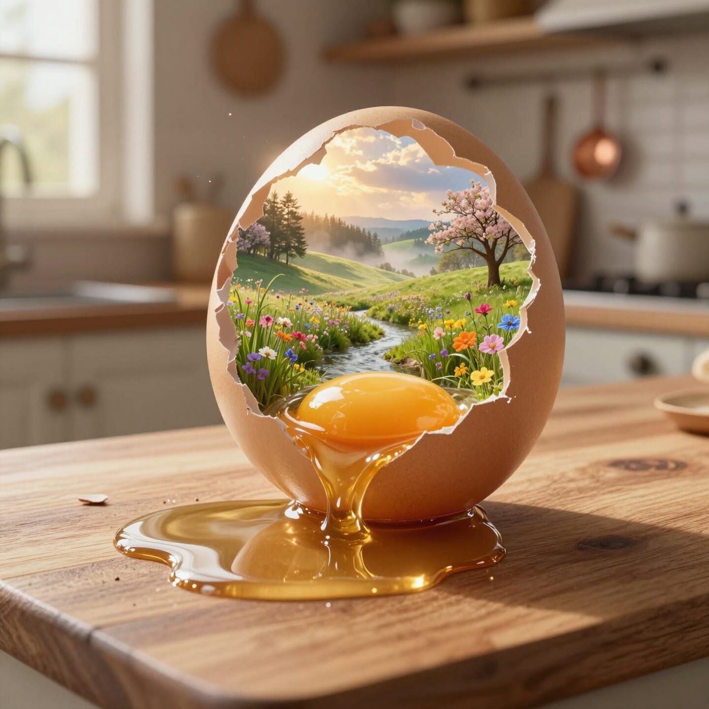 Tiny Spring Landscape Inside Cracked Egg on Countertop