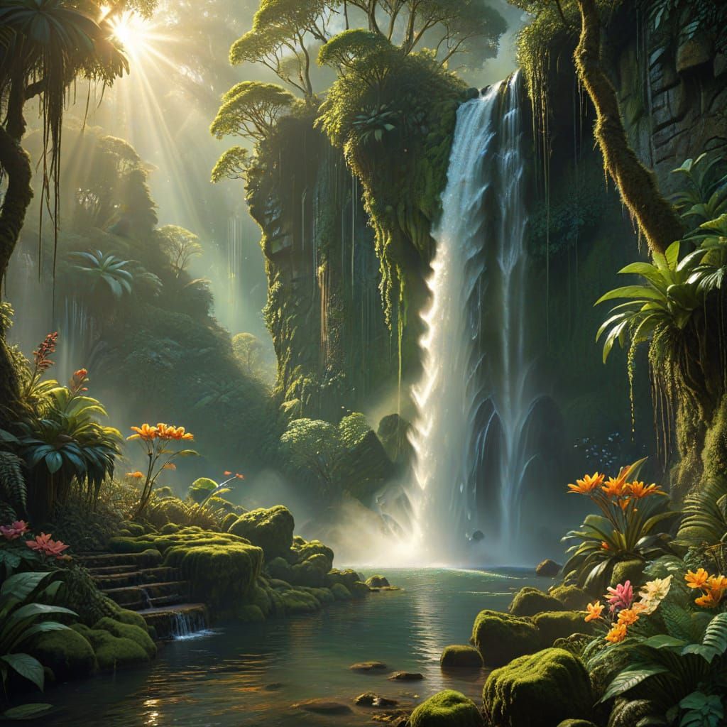 Majestic Waterfall in Lush Jungle at Golden Hour