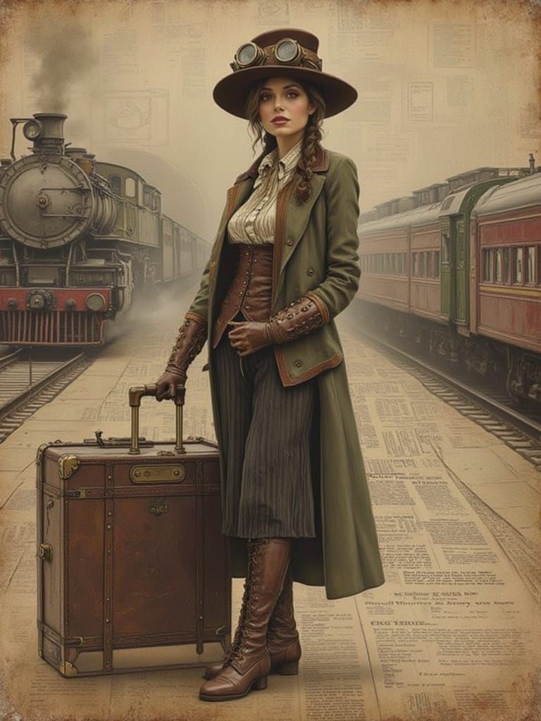 Steampunk Woman on Train Platform in Surreal Style