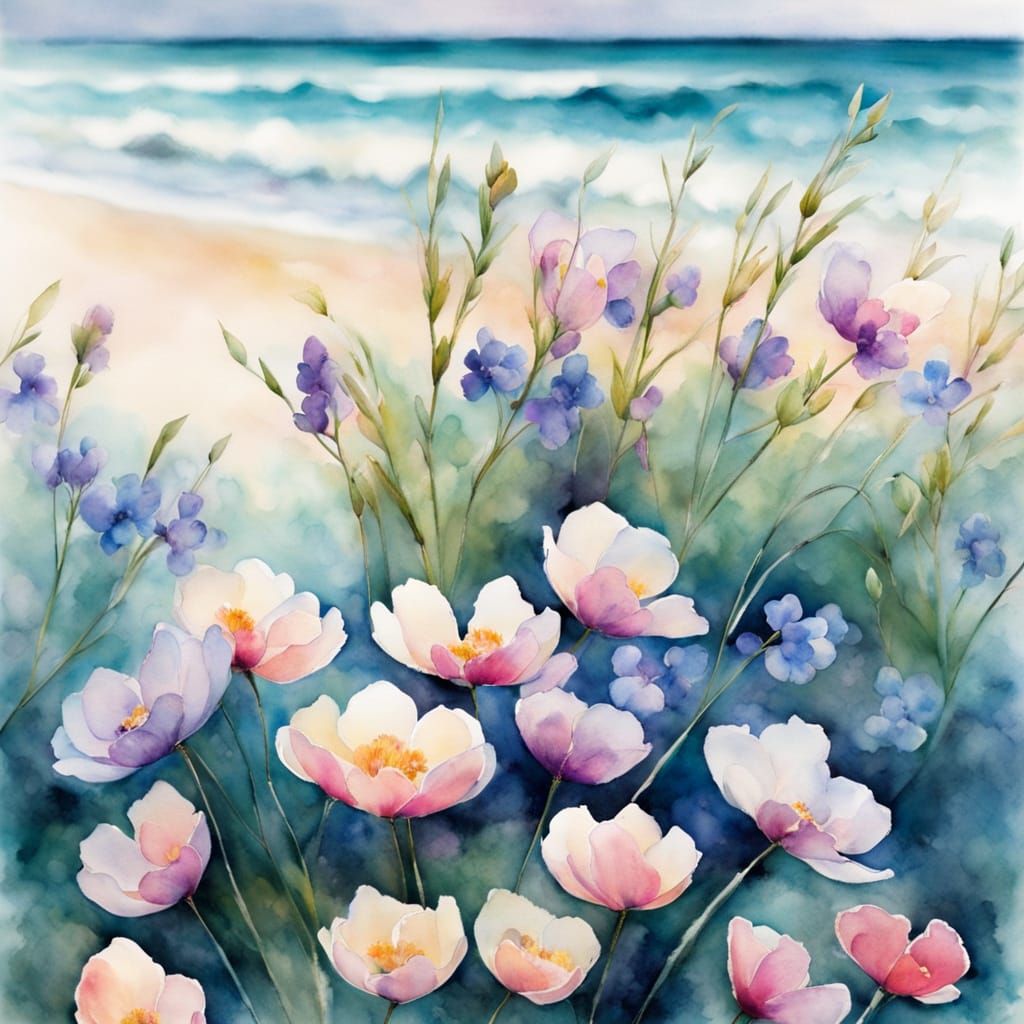 Watercolor Flowers on Beach in Impressionist Style