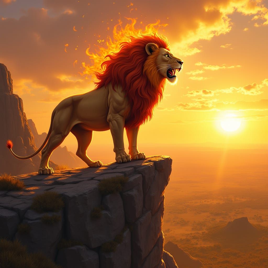 Majestic Lion with Fiery Mane Standing on Rocky Cliff