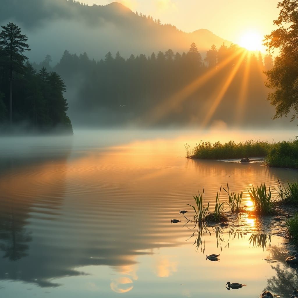 Golden Dawn on Misty Lake with Art Nouveau and Impressionist...