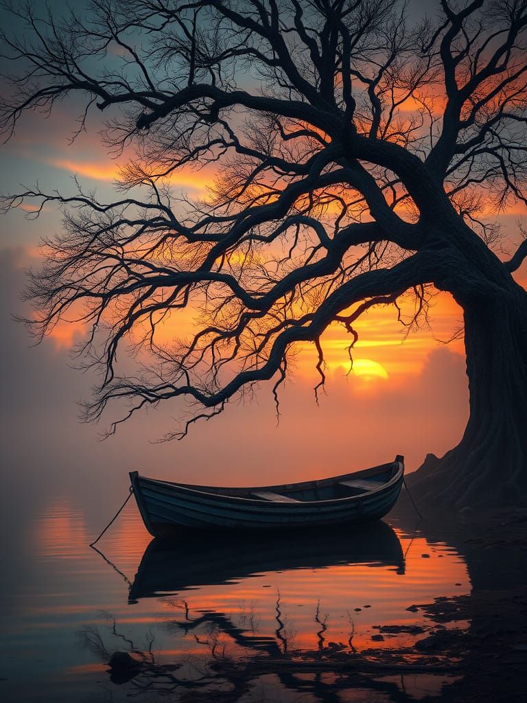 Majestic Sunset Scene with Abandoned Fishing Boat