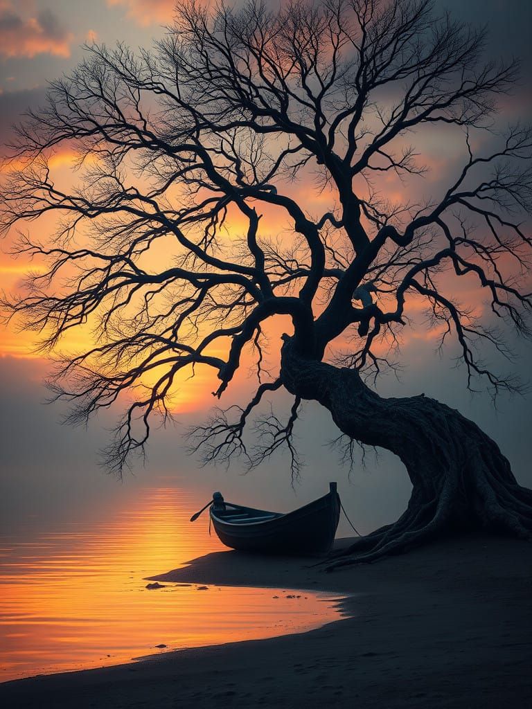 Whimsical Lonely Boat in Majestic Lagoon Landscape