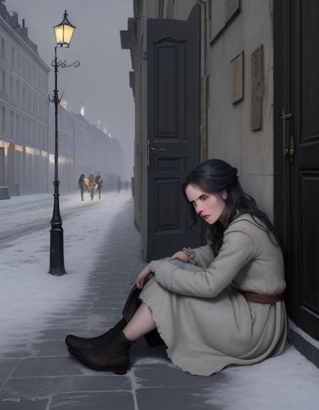 Young Beggar Warming Hands in Surrealist Oil Painting