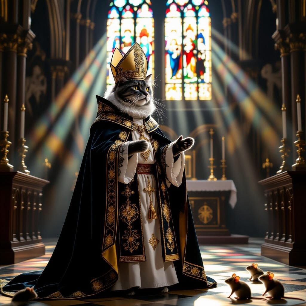 Cat Bishop Preaching to Mice in Gothic Cathedral