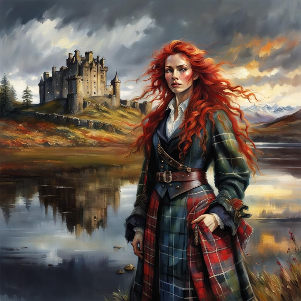Beautiful Woman in Tartan Plaid, Arthur Rackham Style