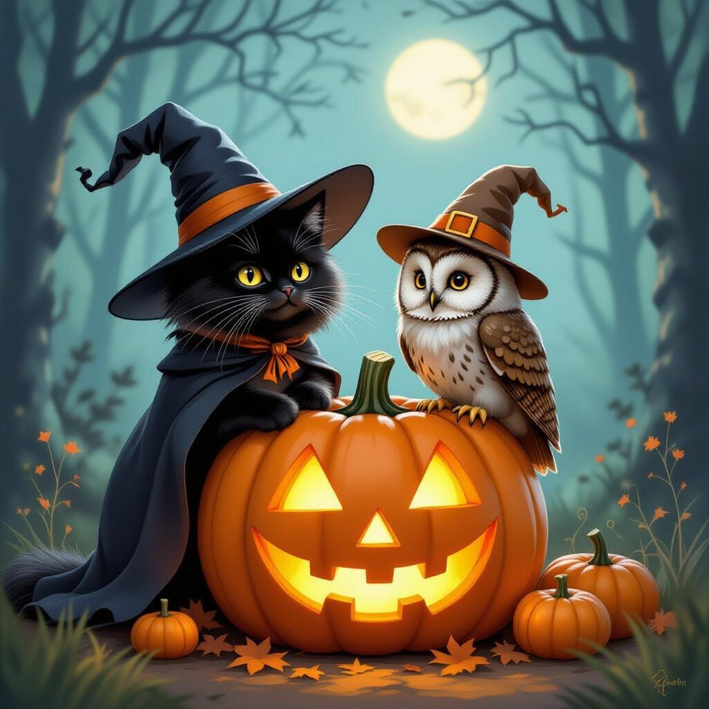 Fluffy Cat & Owl on Glowing Pumpkin in Moonlit Forest