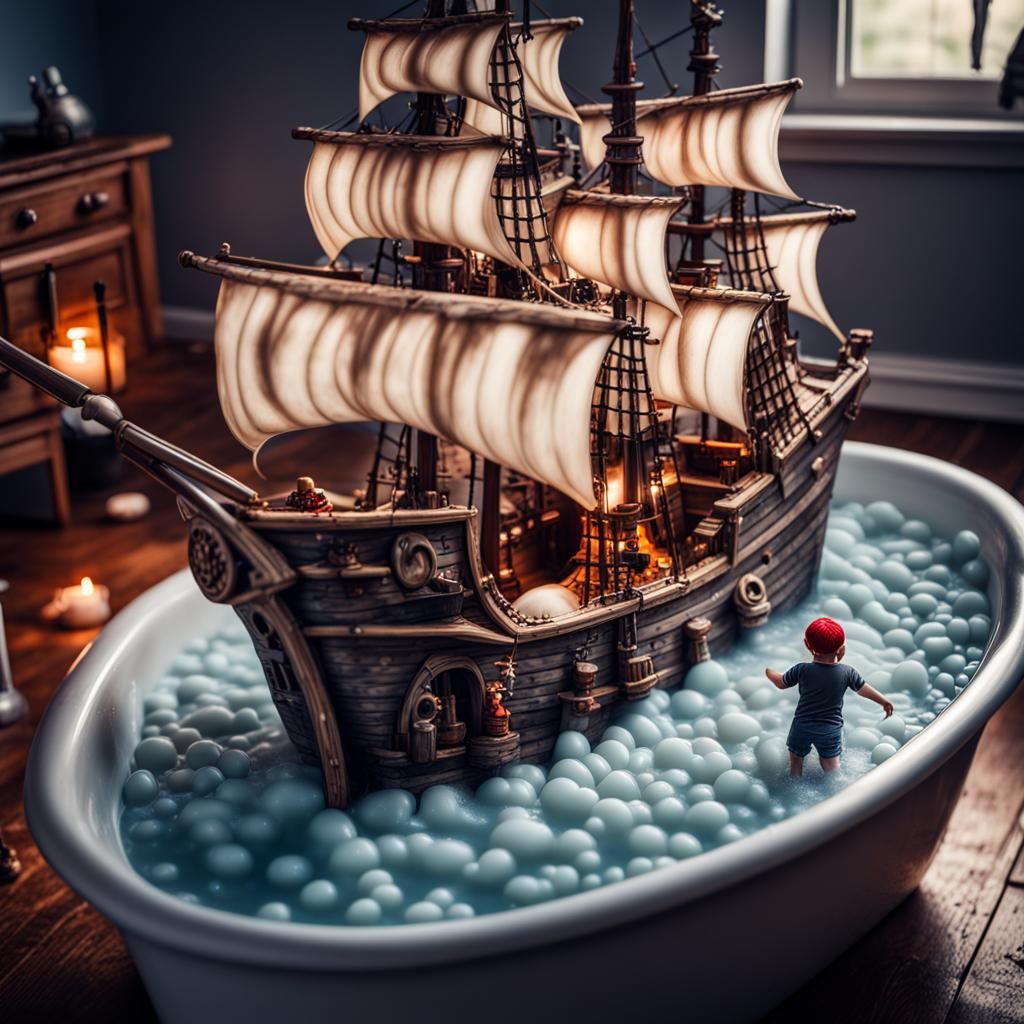 Pirate Ship Battle in Bubble Bath: Hyperrealistic Imaginatio...