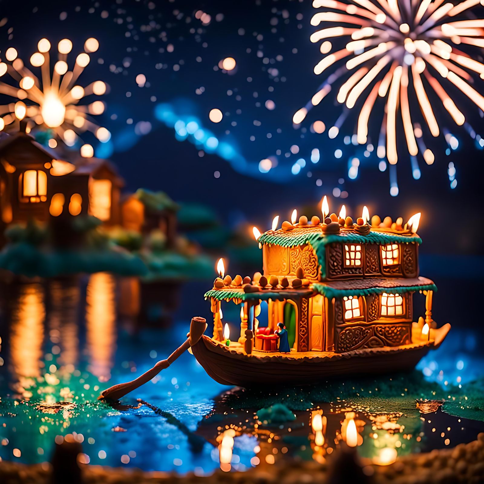 Kashmir Houseboat Cake Diorama Under Fireworks
