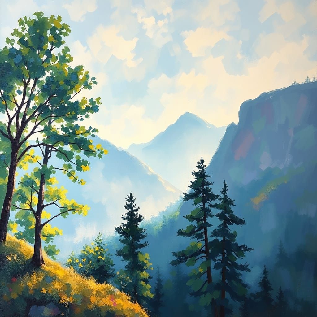 Impressionist Mountain Landscape in Dappled Light