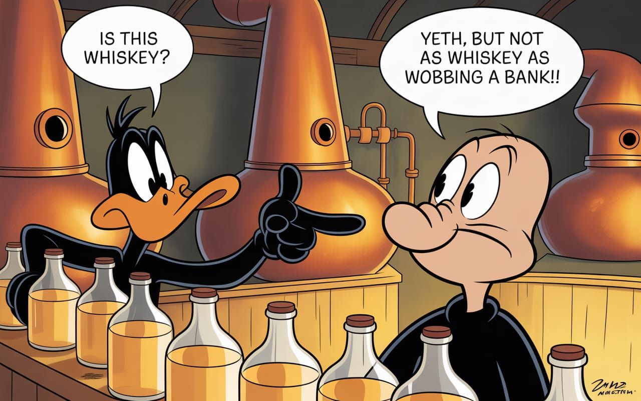 Daffy Duck and Elmer Fudd in Distillery