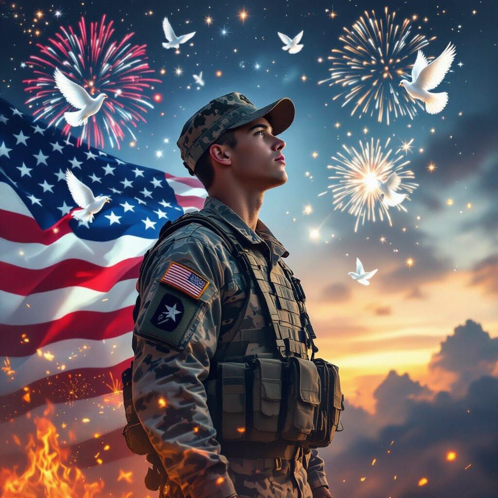 Patriotic Soldier Amidst Fireworks and Cosmic Nebula