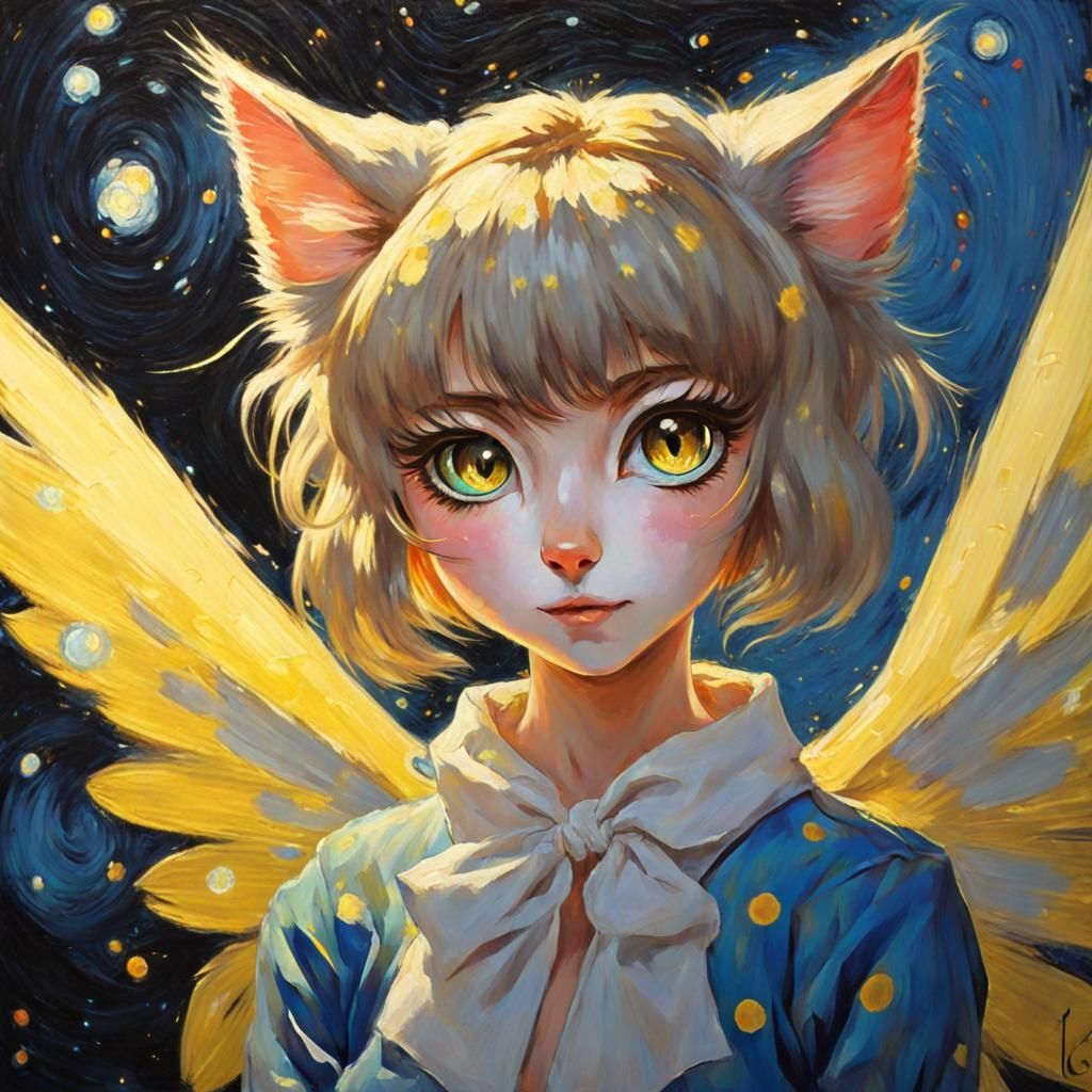 Anime Cat-Girl with Wings in Van Gogh Style