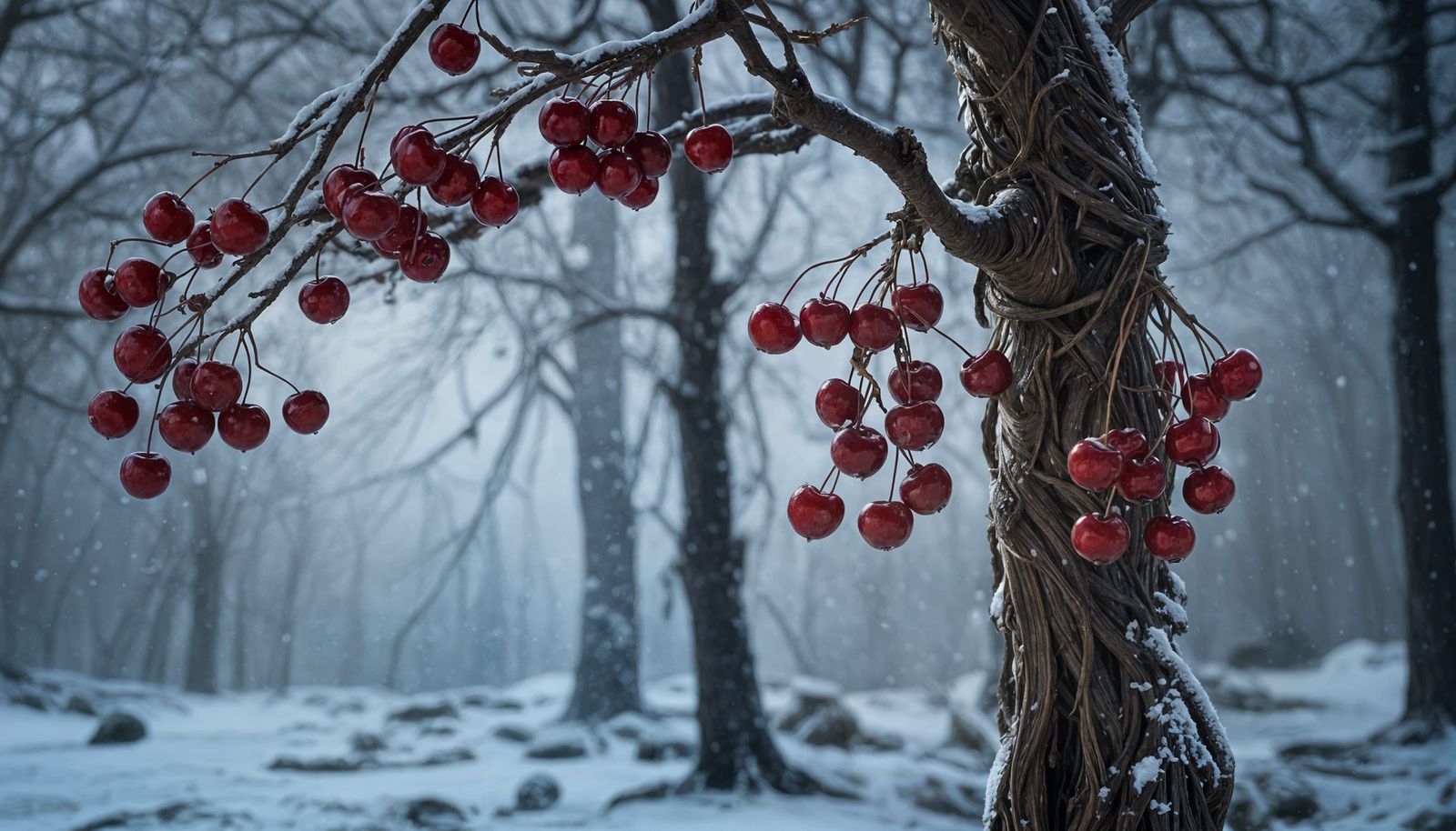 Surreal Cherry Tree Blooms Amidst a Winter Blizzard