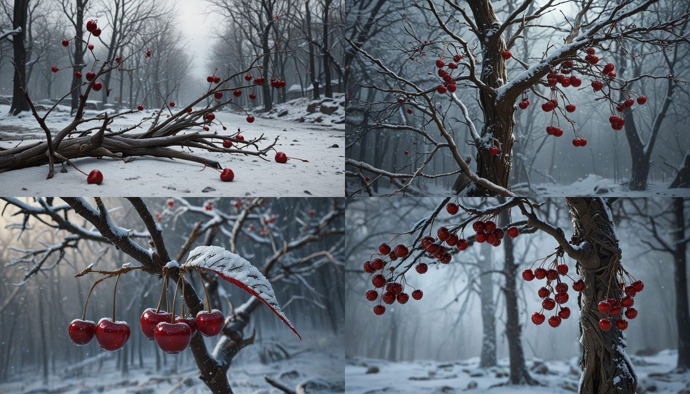 Surreal Winter Wonderland of Cherries in a Blizzard