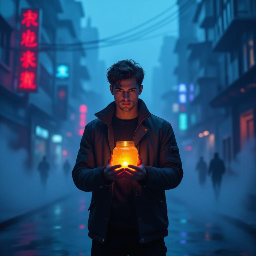 Cyberpunk Man with Glowing Honey Jar on Stage