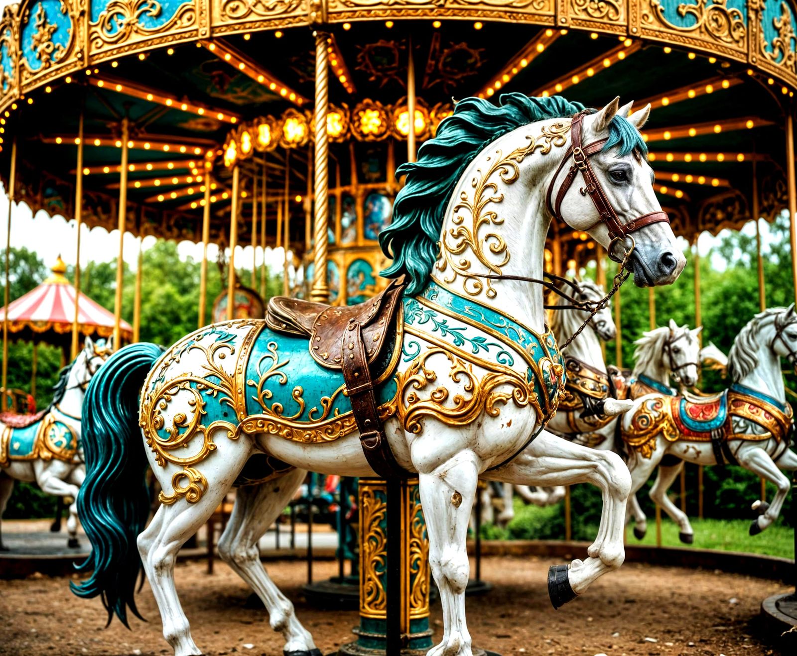 Weathered Carousel Horse in Overgrown Park