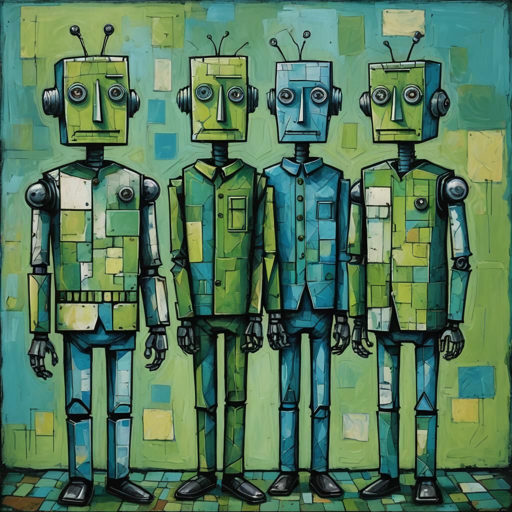Cubist Robot Family Portrait in Blue Hue