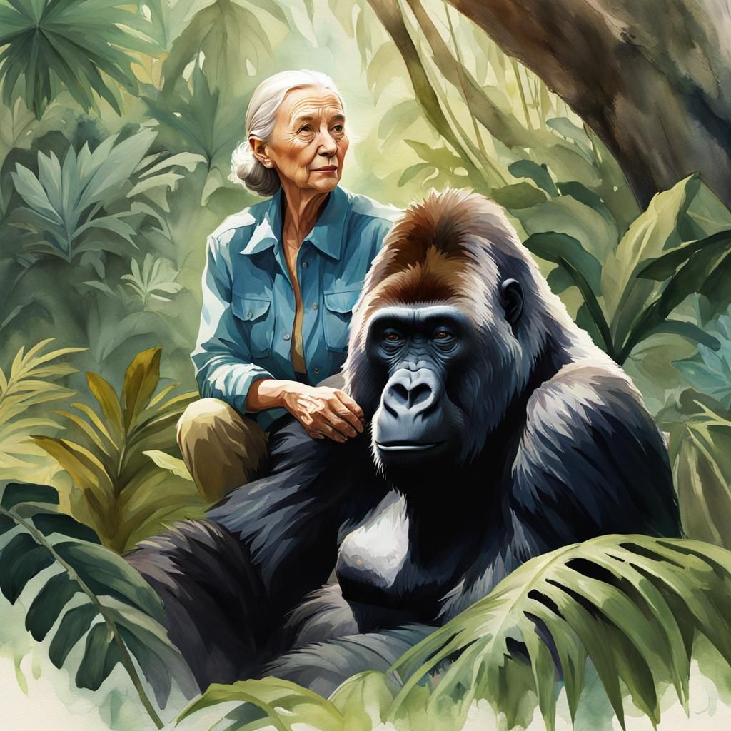 Jane Goodall and Gorillas in Watercolor Style