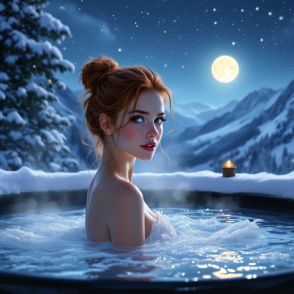 Enchanting Onsen Scene Under a Starry Night Sky