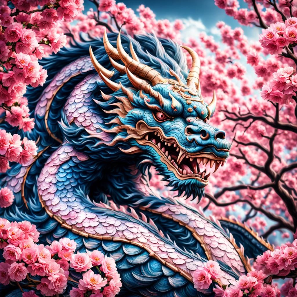 Hyperrealistic Cherry Blossom Dragon in High Definition