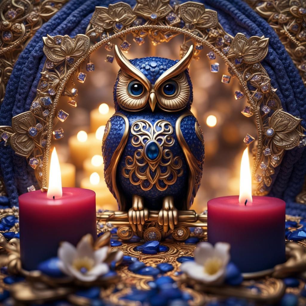 Gold and Sapphire Owl Statue with Mandala Decoration