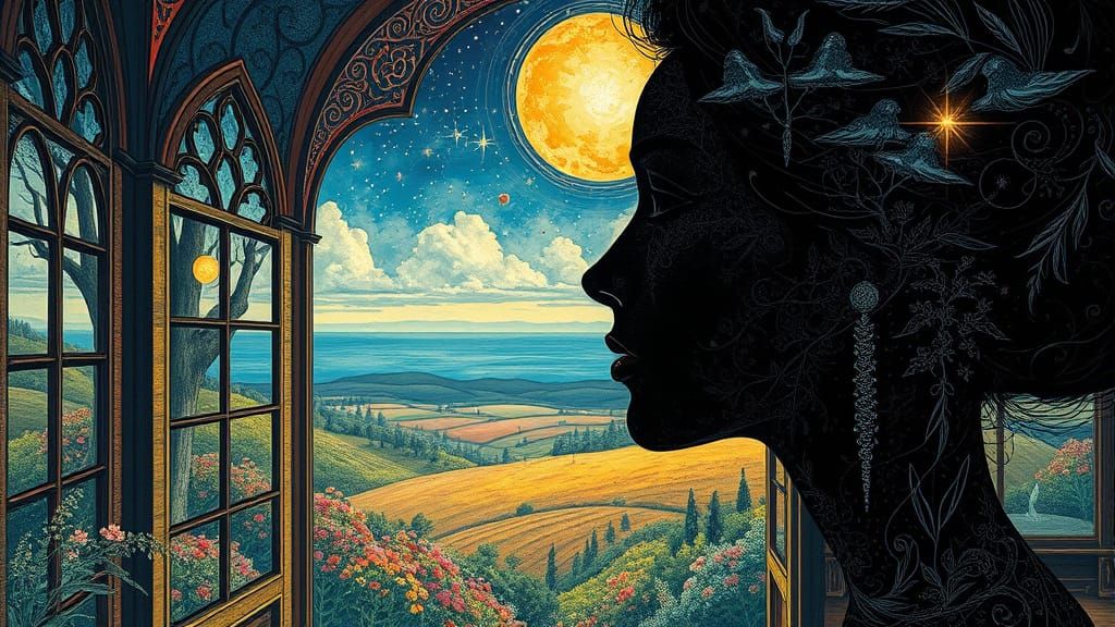 Dreamlike Landscape Overlapping Woman's Silhouette