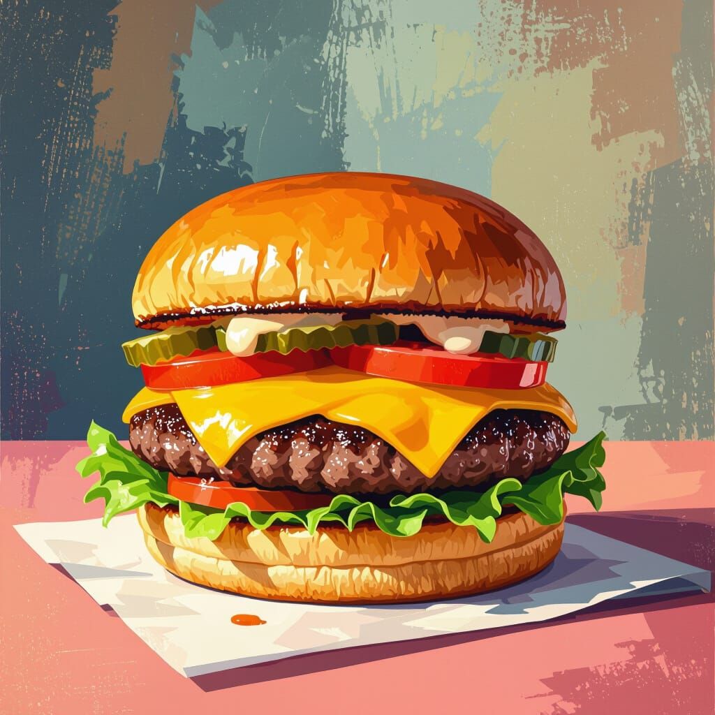 Stylized Burger with Melted Cheese and Toasted Buns