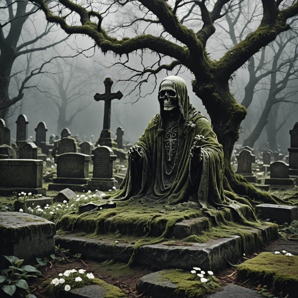 Moss Covered Skull Headstone in Dark Fantasy Style