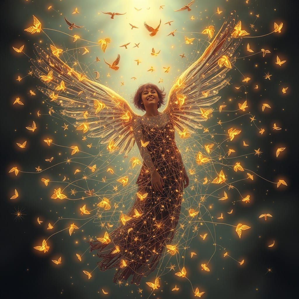 Angelic Figure Amidst Celestial Notes in Whimsical Art