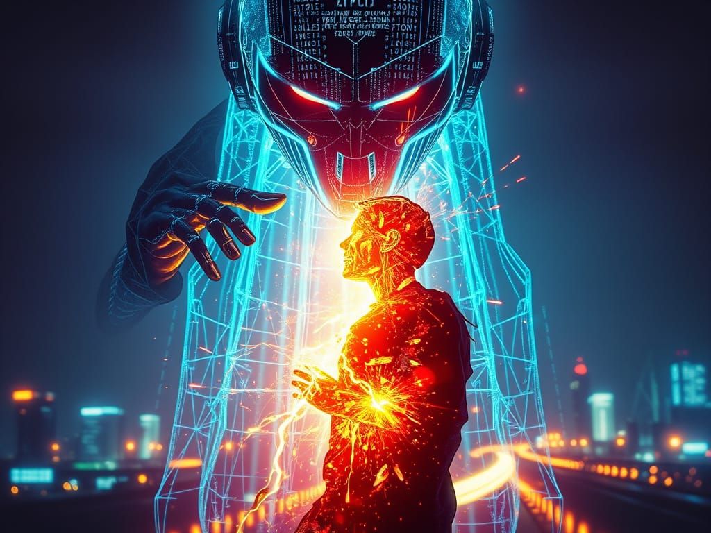 AI Absorbs Human Memory in Surreal Cyberpunk Scene