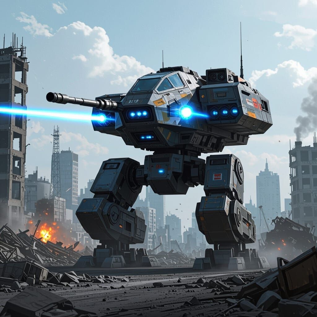 Urban Warfare Mech Firing Lasers in Ruined City