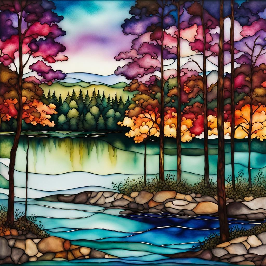 Lakefront Scene in Alcohol Ink Style