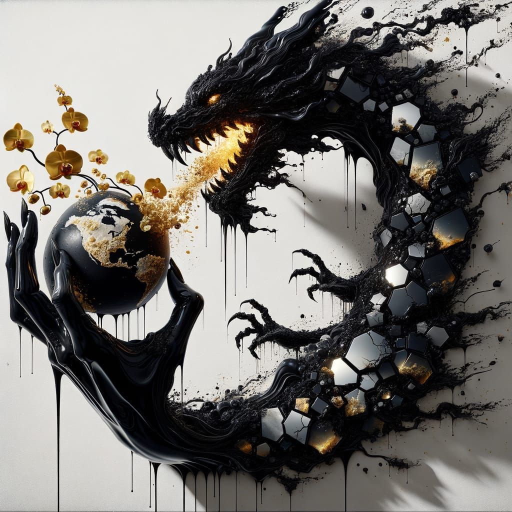 Mythical Dragon Emerge from Glossy Ink in Surreal Portal