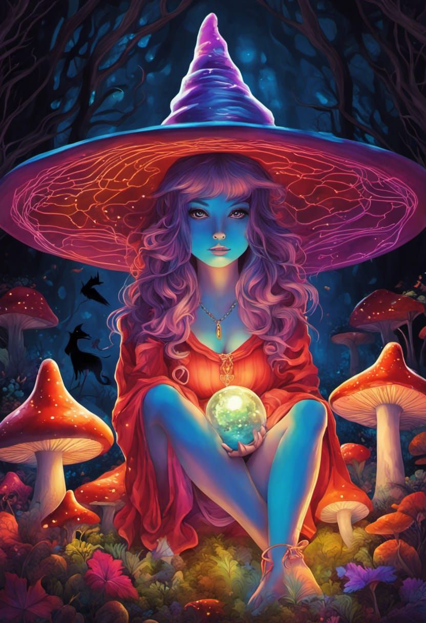 Luminescent Witch on Mushroom in Dichroic Light