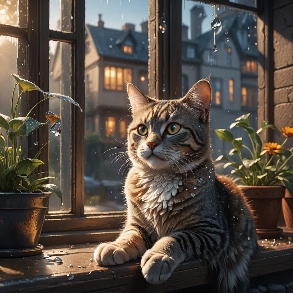 Cat Watching Sunrise Through Dewy Window